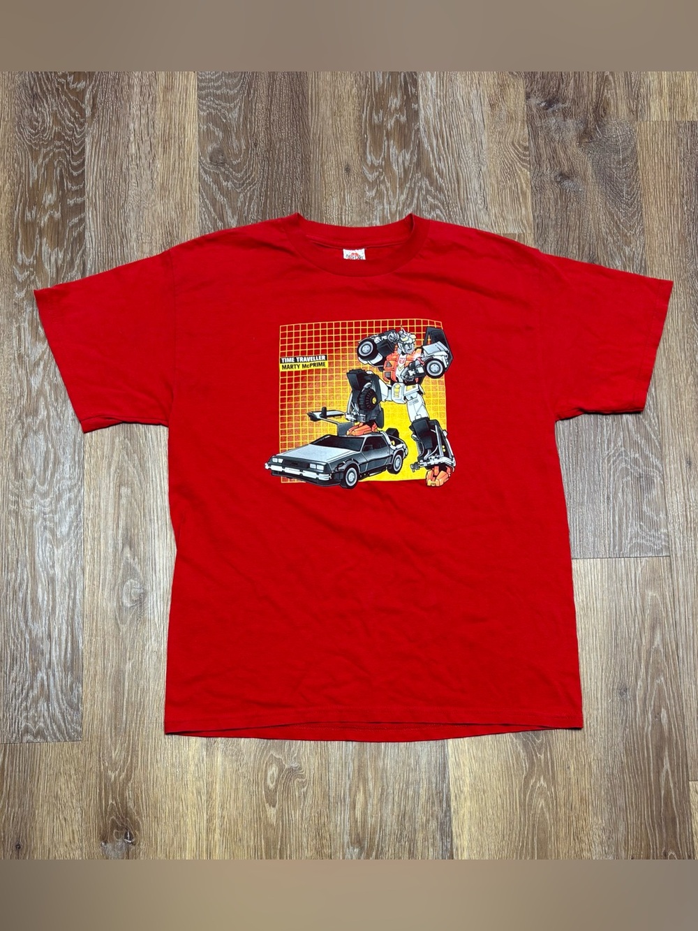 Alstyle Red Short Sleeve Tee with Retro Car & Robot Graphic